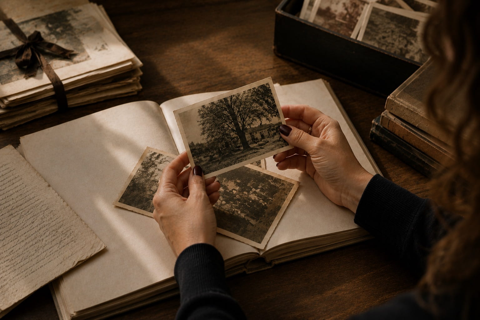 a person sitting over a photo album, holding historical photos